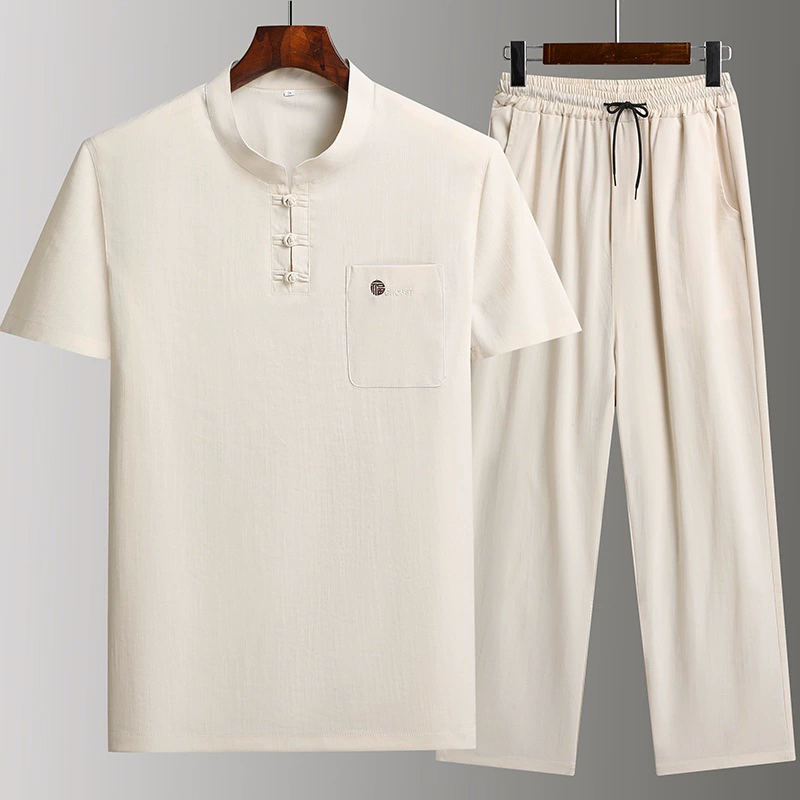 Ледяной шелк хлопок льна среднего и пожилого возраста спортивный набор мужской летний папа летний костюм модная футболка с короткими рукавами