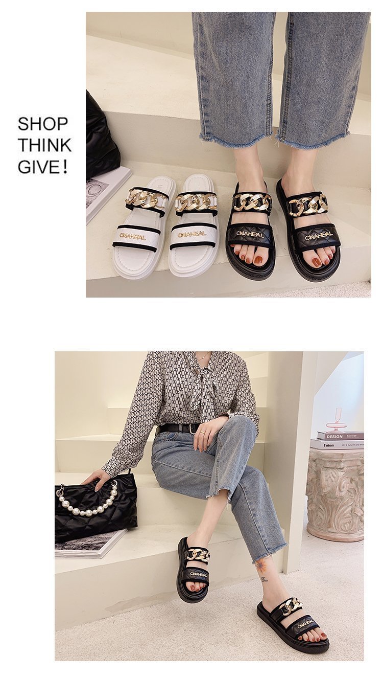 Damen-Oberbekleidung, Keilabsätze, Influencer-Intrend-Sandalen, 2021 neuer Mode-Tanga mit Metallkette und dicker Sohle_voghion.com
