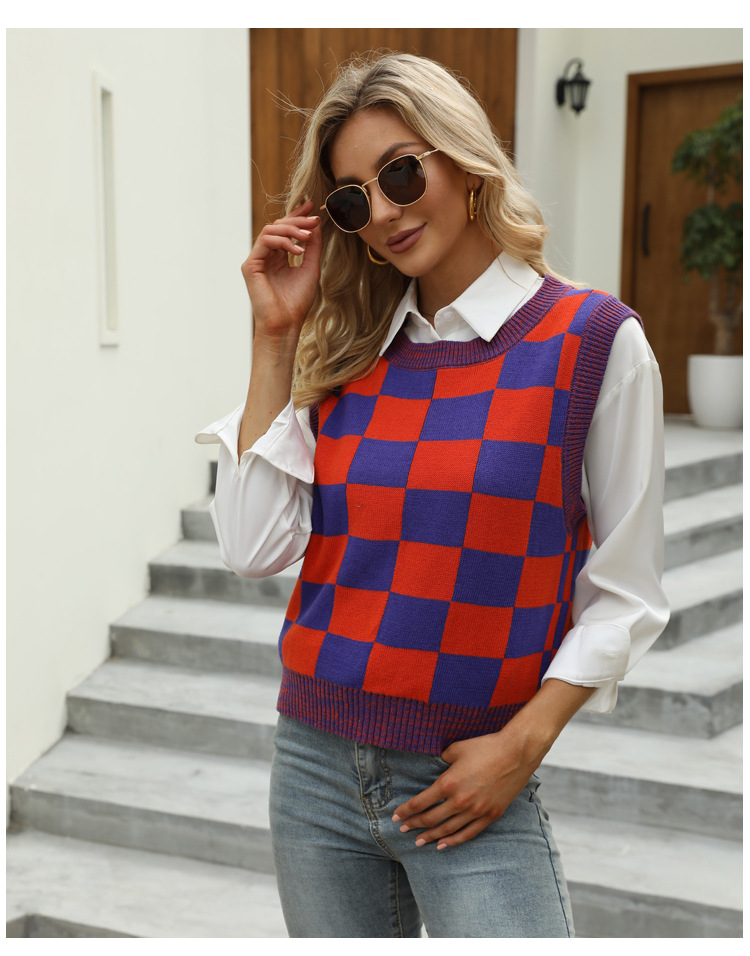 sleeveless plaid color contrast knitted sweater vest nihaostyles wholesale clothing NSYH82731