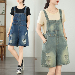 Real Shot of In-Stock Artistic Plus-Size Ripped Rhinestone Denim Overalls Shorts, Loose and Slimming 5-Point Suspenders