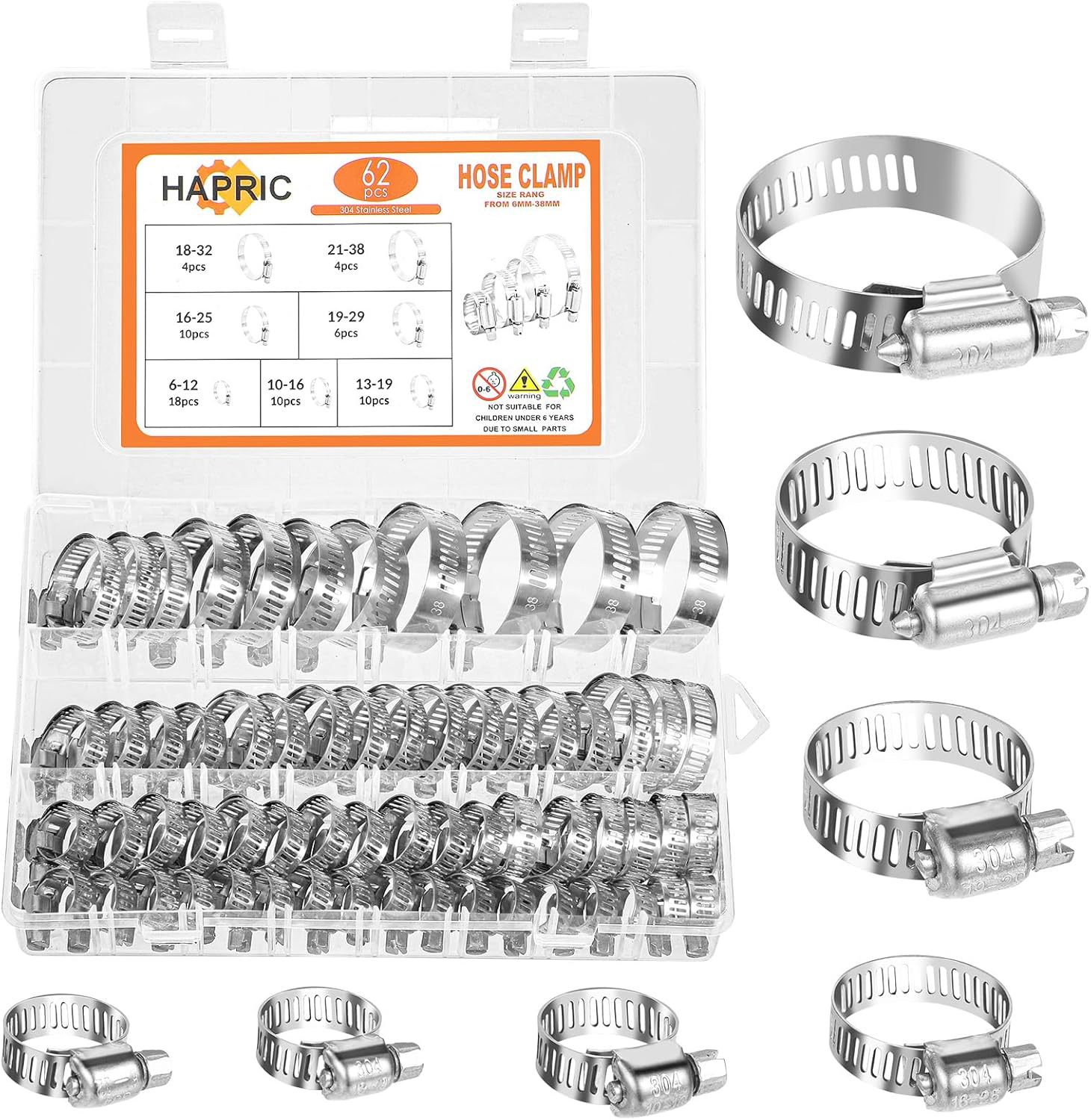 Hapric 62 件软管夹 304 不锈钢软管夹组合套件 1\/4 英寸-1-1\/2