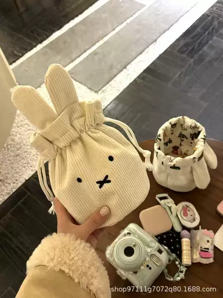 New Corduroy Miffy Drawstring Bag, Cute and Portable, Large Capacity Storage Bag, Makeup Bag, Drawstring Clutch Bag for Women