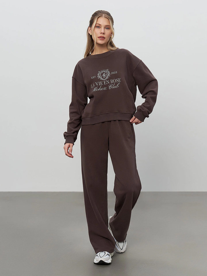 Bộ đôi áo nỉ thêu và quần dài nữ phong cách casual — Màu trắng nhạt, Màu xanh hải quân, màu xám, nâu sẫm chi tiết 61