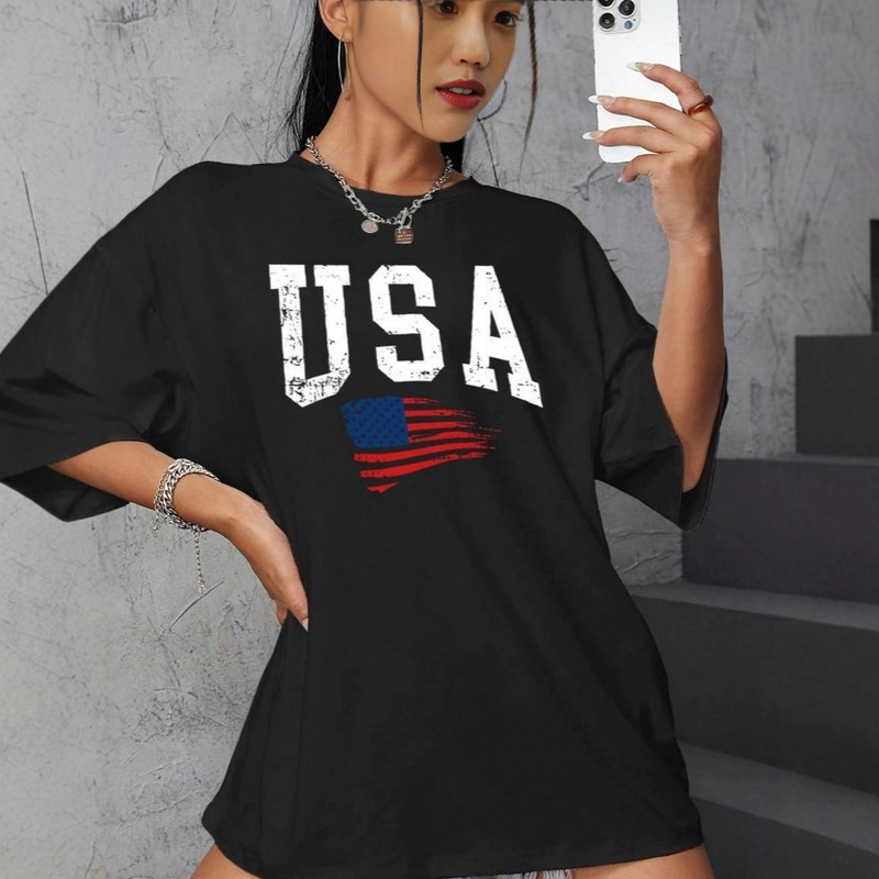 Ziyan Cross-Border Specializes in European and American Style Sexy Tops with American Flag Print Loose Extended Version Short-Sleeved Round Neck T-Shirt