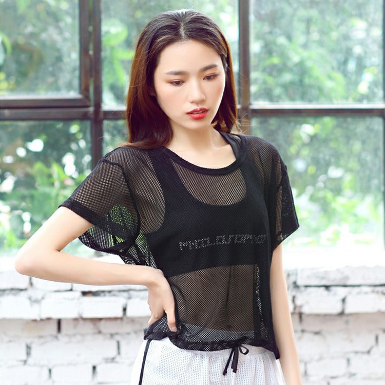 跨境2025新款速干宽松透气健身t恤网纱瑜伽服运动短袖上衣女夏季