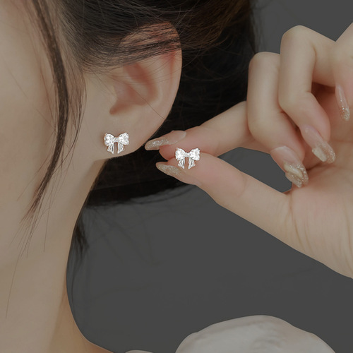 s999 sterling silver trendy high-end bow earrings simple niche design earrings temperament fashion earrings wholesale