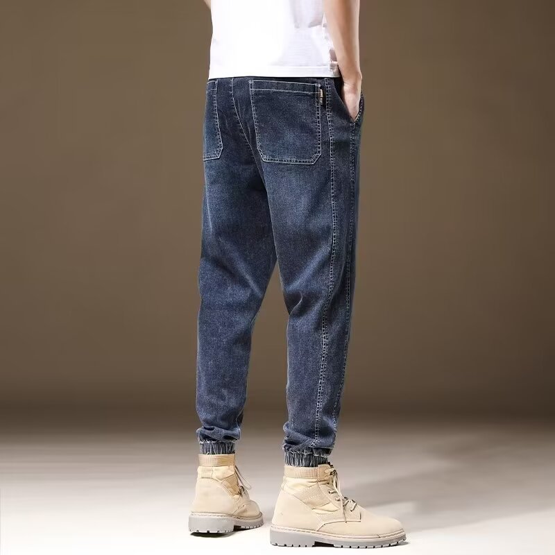 2024 primavera y otoño pantalones vaqueros de cintura elástica todo fósforo para hombres, pantalones de pierna ancha rectos sueltos para adolescentes de la calle principal