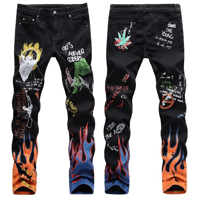 Fall 2022 Men's Stretch Slim Fit Color Printing Black Denim Pants Skull Graffiti Street Trendy Slim Fit Mid-waist Pants