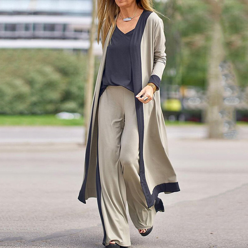 Casual Solid Color Stitching Contrast Color Sleeveless Vest Long Sleeve Cardigan Jacket Pants Three-Piece Set