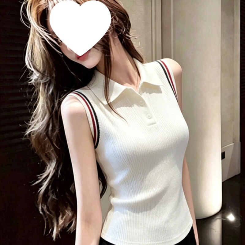Cool and Stylish Korean-Style Off-White Polo Collar Sleeveless Knit Vest for Women, New Summer Slim-Fit Top Cool and Stylish Korean-Style Off-White Polo Collar Sleeveless Knit Vest for Women, New Summer Slim-Fit Top