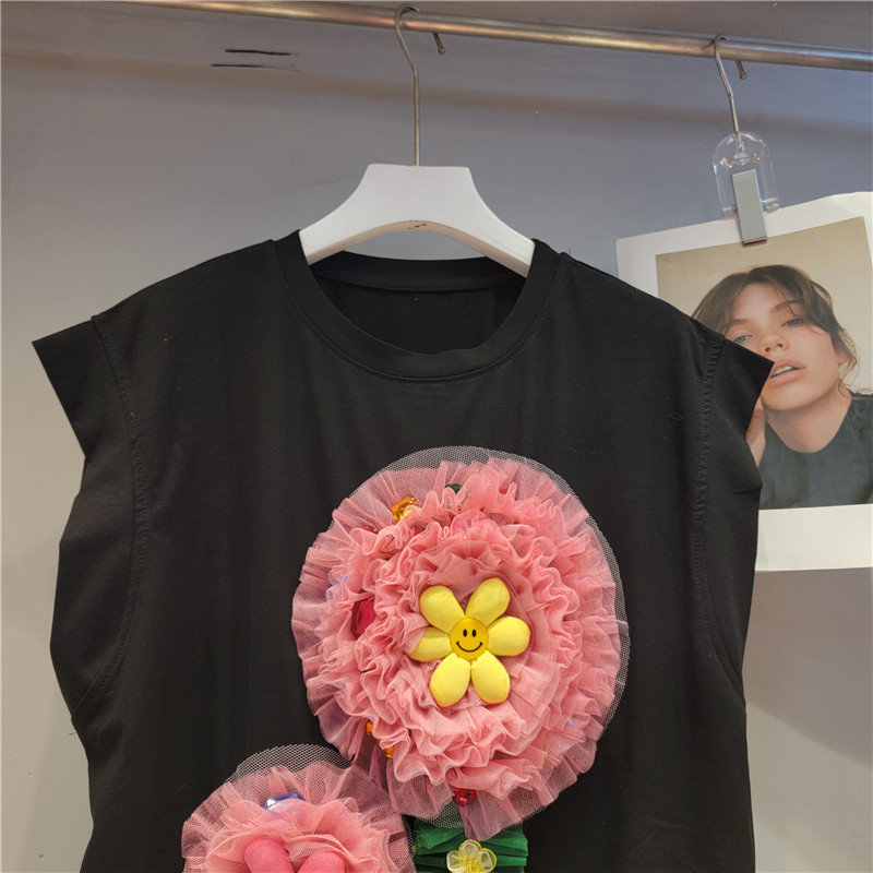 Tailandia marca de moda 2023 verano nueva moda industria pesada cuentas tridimensional malla flor superior suelta Camiseta de manga corta de las mujeres