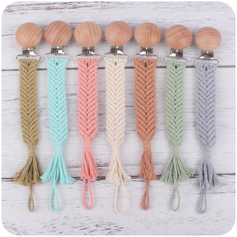 Bebé suministros de haya boca ancha boca pezón clip pezón cuerda DIY bebé creativo hecho a mano tejida algodón cuerda pezón cadena