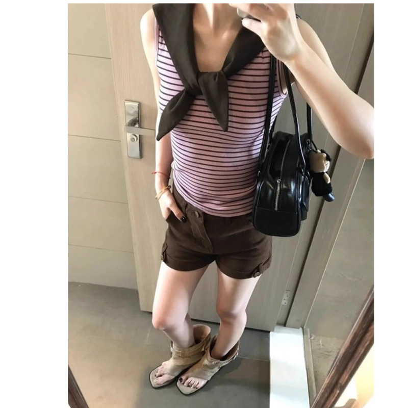 Pink Coffee Color Retro Striped Navy Collar Vest Suspender Women's Summer Design Chic Slimming Sleeveless Top