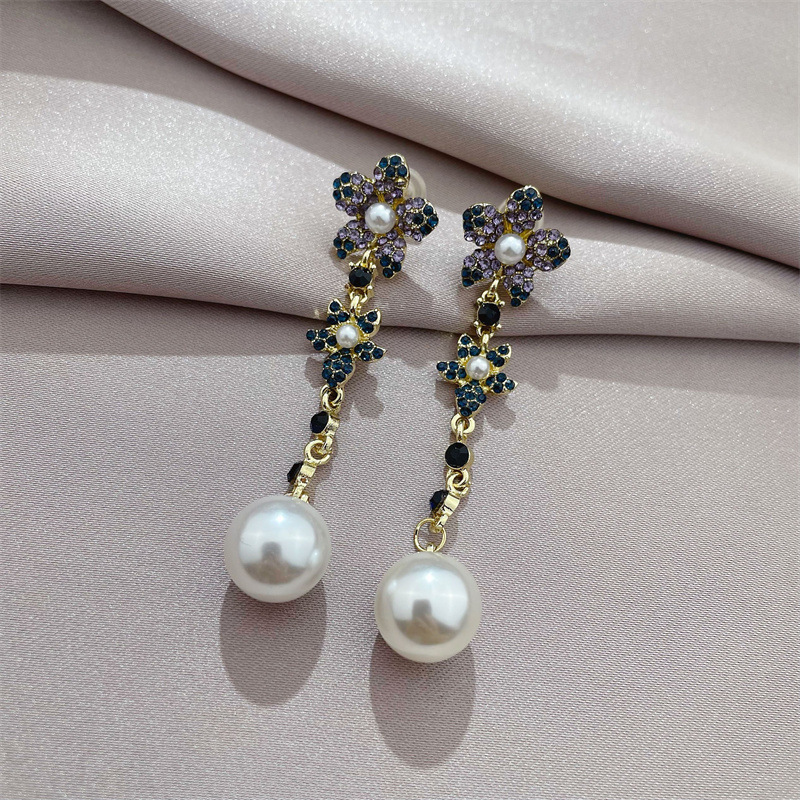 personality Japan and South Korea new flower color diamond microinlaid earrings pearl pendant earrings long earringspicture6
