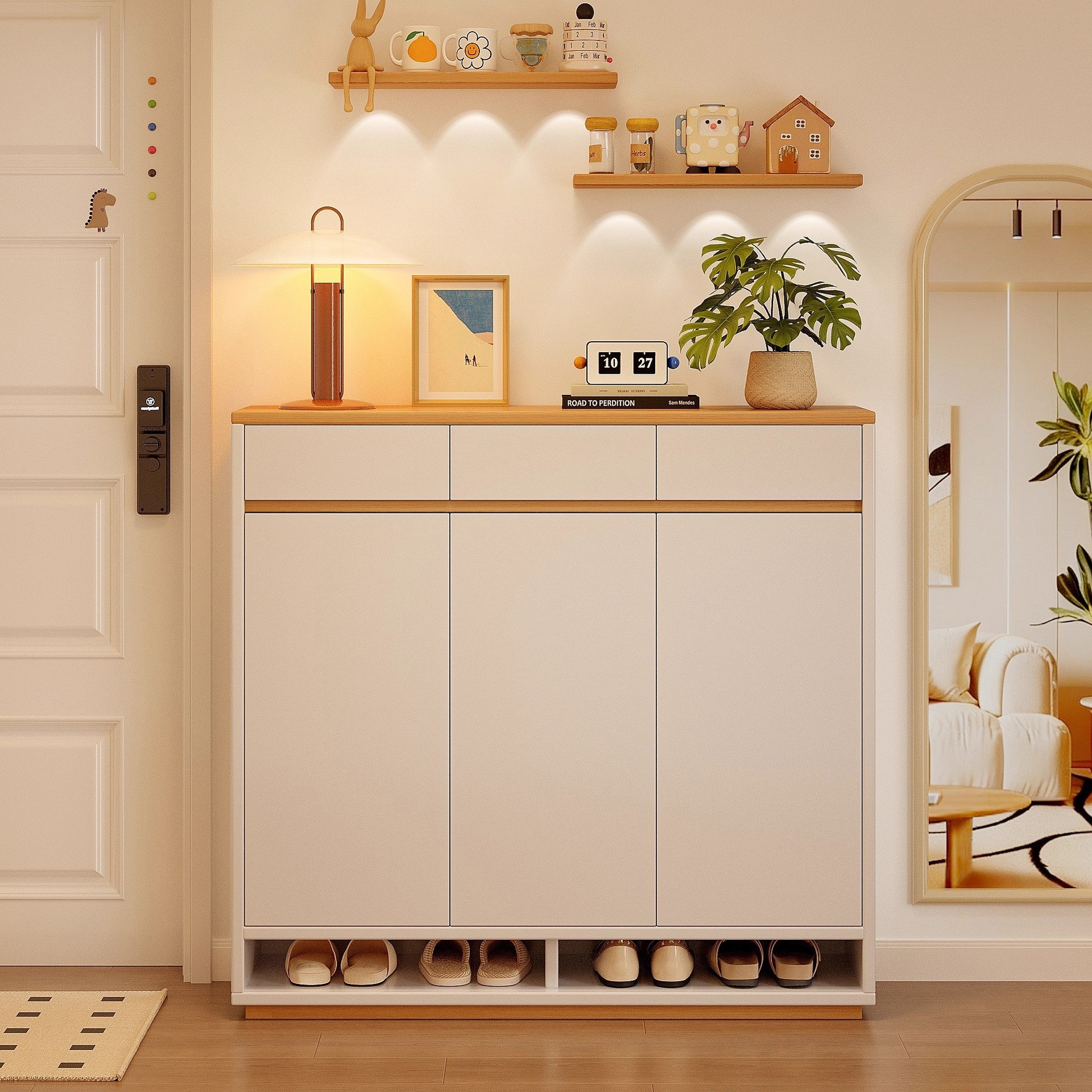 Gabinete de zapatos doméstico puerta interior 2025 nuevo tipo explosivo de alta calidad madera sólida almacenamiento integrado contra la pared gabinete de entrada