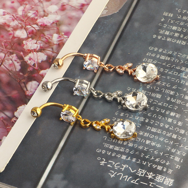 New Leaves Zircon Navel Ring Belly Button Piercing Jewelry 3 Colors Rose Gold Stainless Steel detail image 7