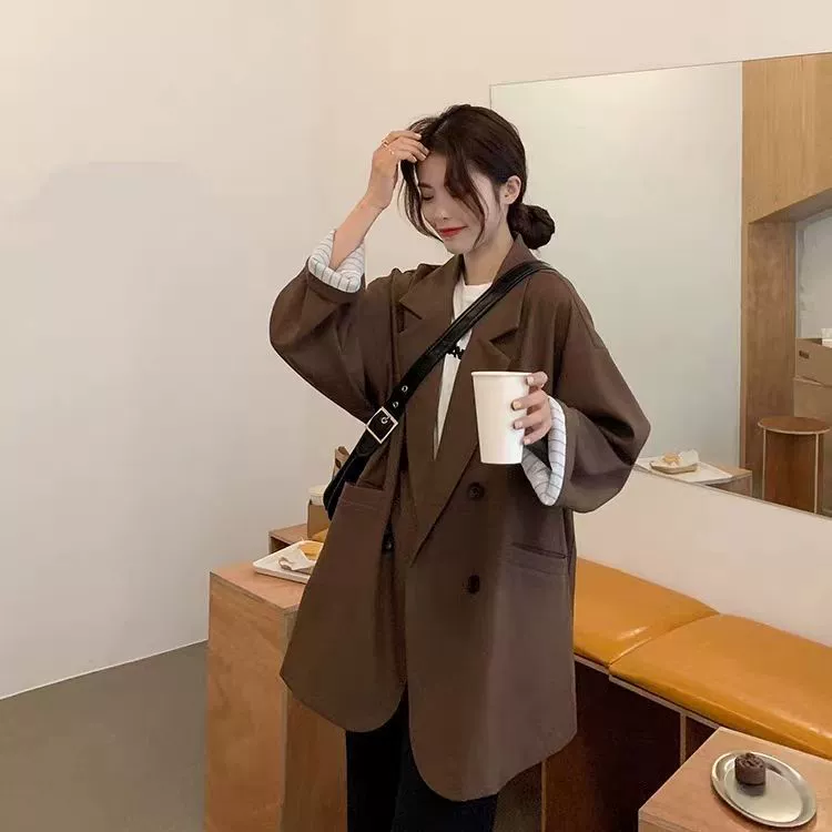 Autumn long black classic suit jacket for leisure, Korean style, mid-length