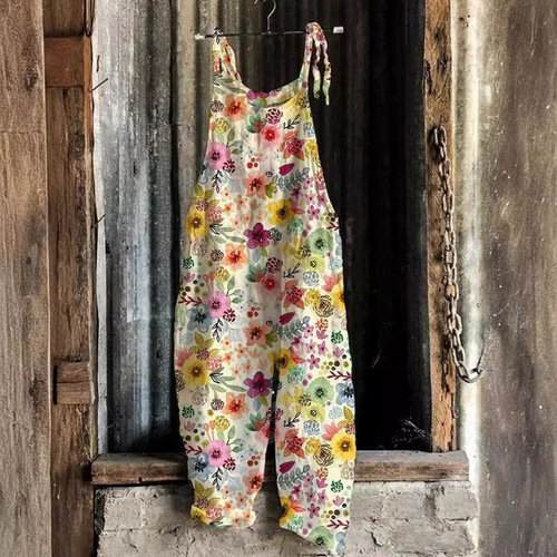 2025 Women's Fashion: Elegant, Sweet, and Fresh Summer Style – Retro Print Wide-Leg Jumpsuit