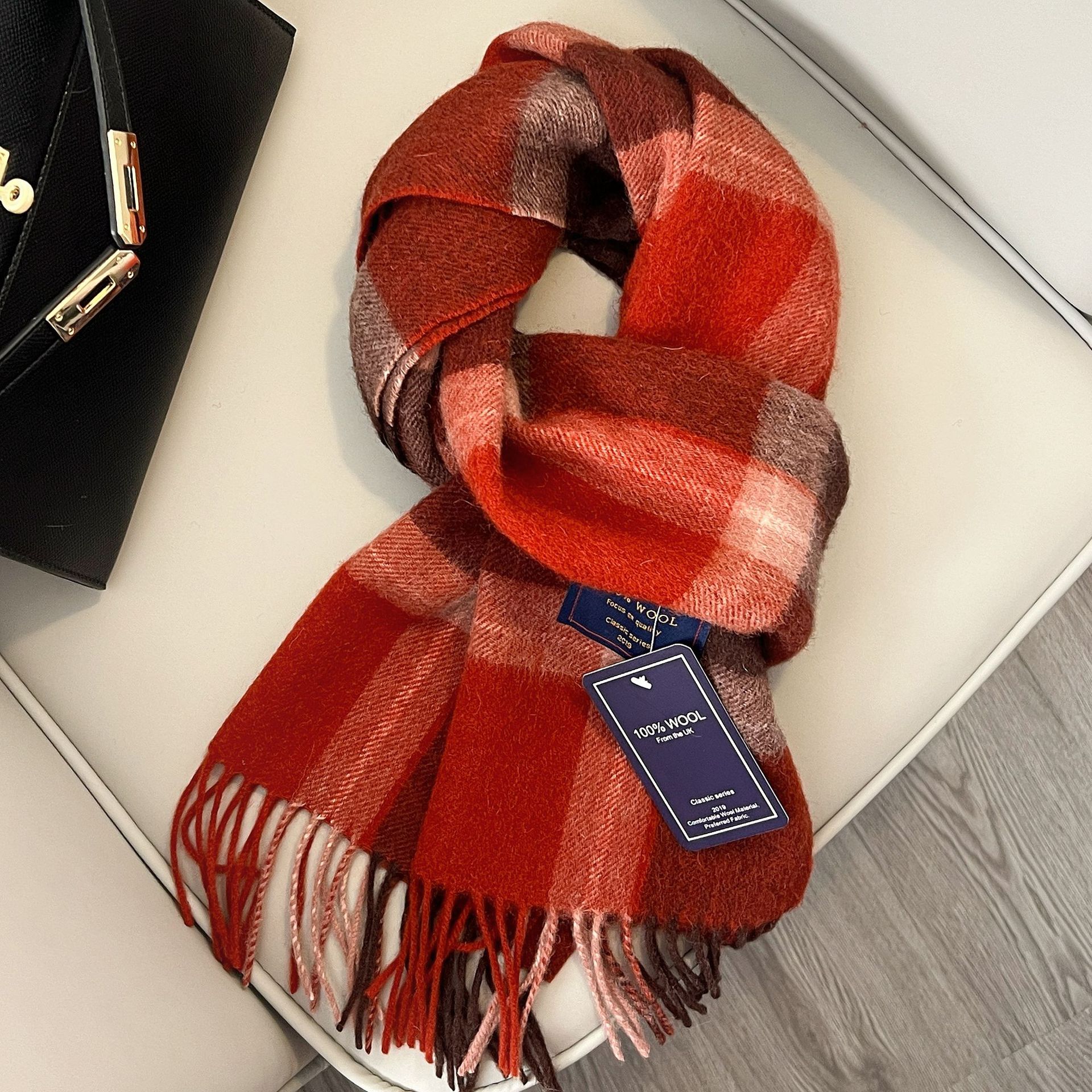British Classic 100% Wool Plaid Red Scarf for Men and Women, Autumn and Winter Warm Cashmere Scarf for Couples