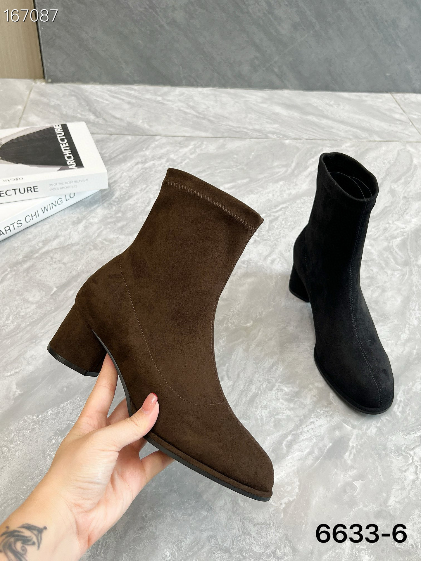Boot cổ thấp nữ mũi nhọn gót thô cao 6 cm đế xuồng co giãn ôm chân — Màu nâu, Màu đen chi tiết 5