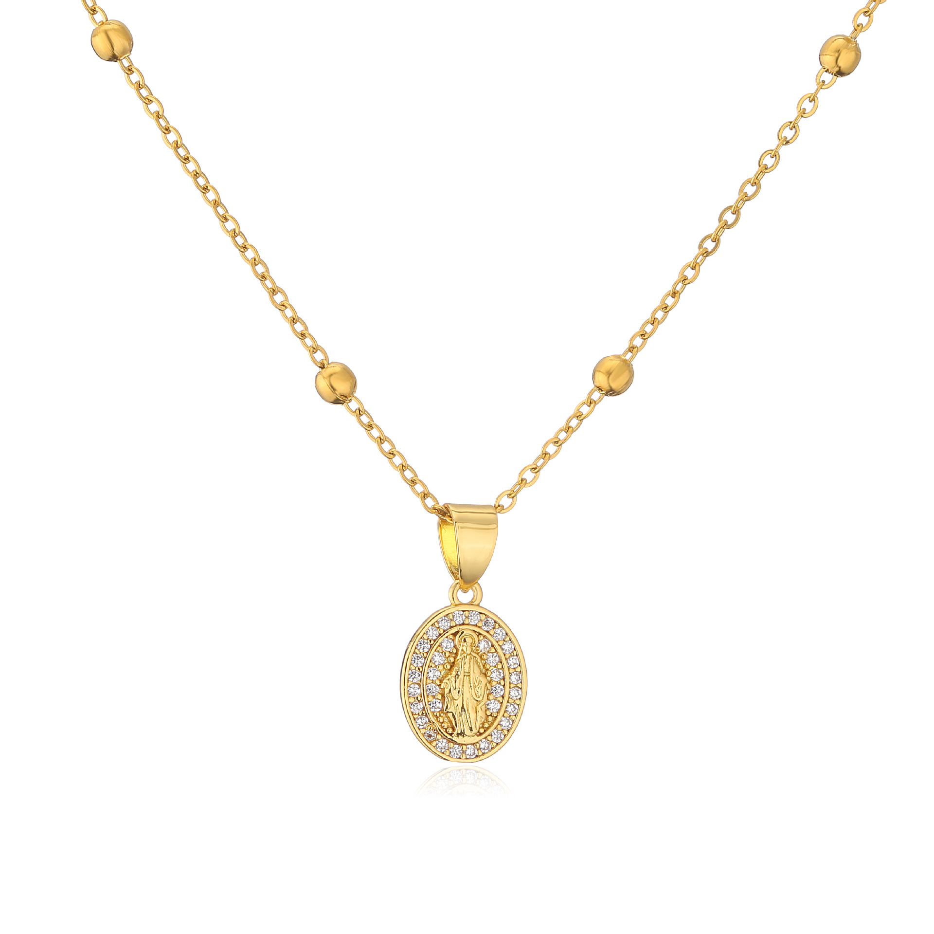 Micro Inlaid Zircon Oval Virgin Mary Pendant Stainless Steel Necklace