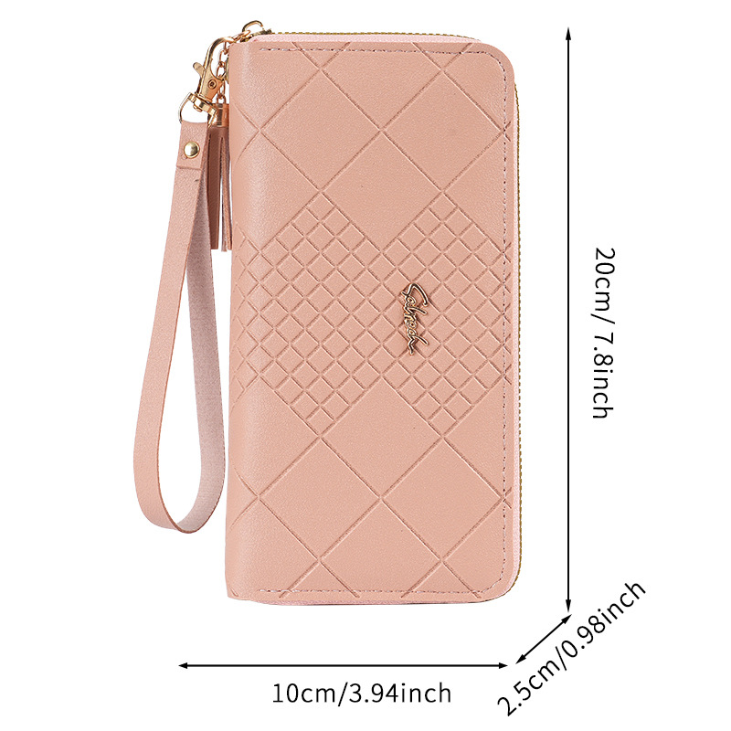 Cartera de mujer larga coreana, bolso de mano, bolso de teléfono móvil, bolso de mano con cremallera simple en relieve de mujer larga