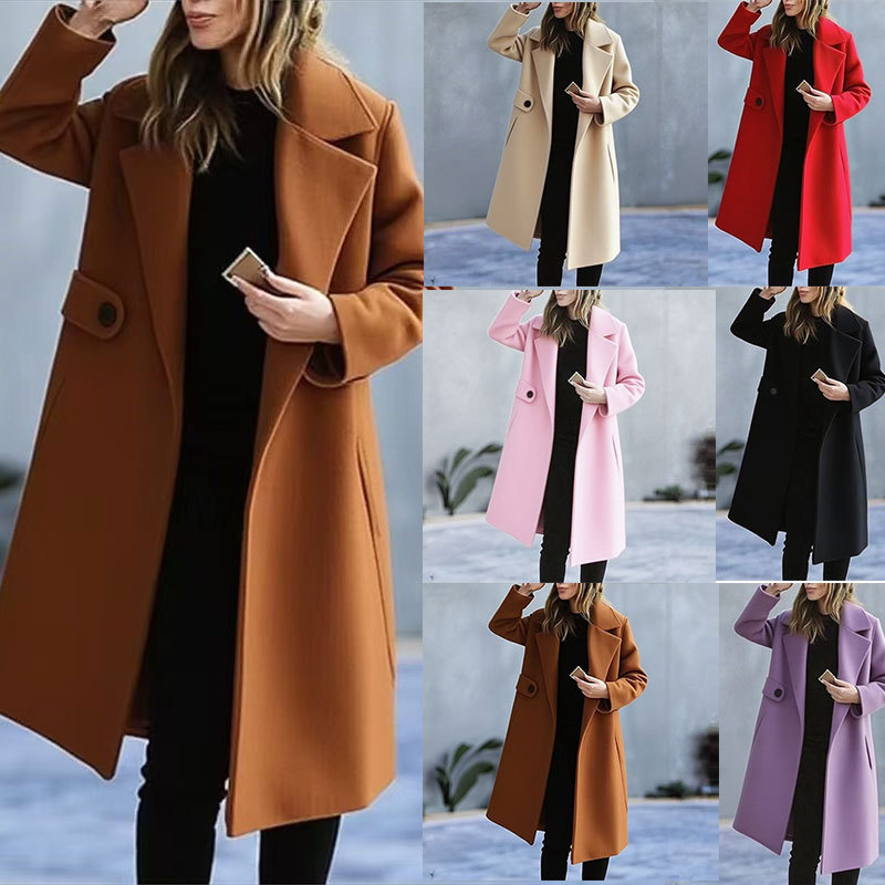 2026 New European and American Amazon Independent Station Export Cross-Border Pure Color Large Size Outwear Woolen Autumn and Winter Outwear for Women