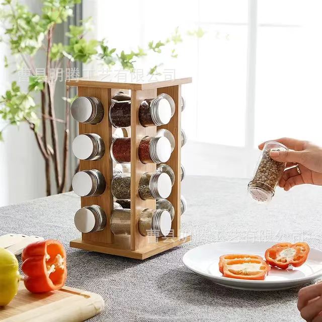 Creative wooden rotatable spice rack kitchen countertop spice bottle spice storage rack multi-layer spice jar storage rack