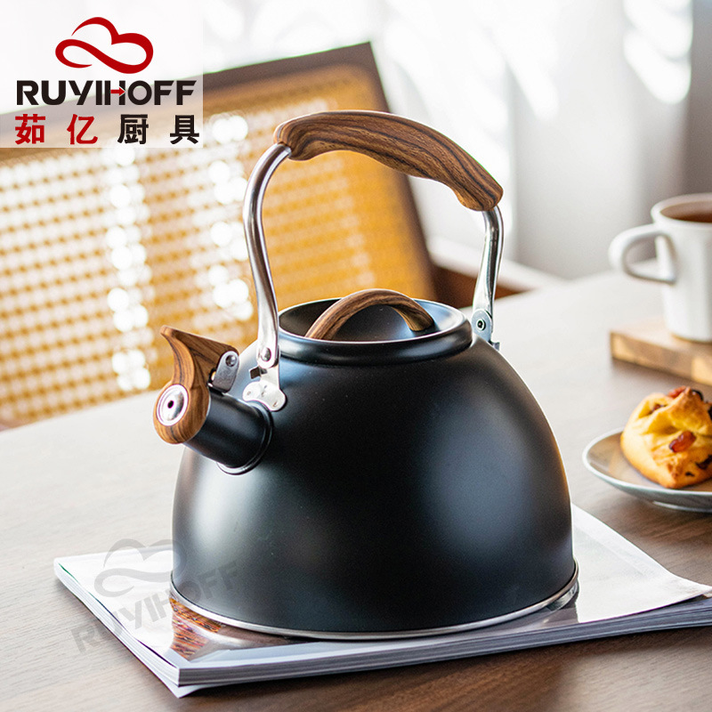 亚马逊新款不锈钢烧水壶黑鸣笛煮水壶跨境kettle折叠柄欧式响水壶