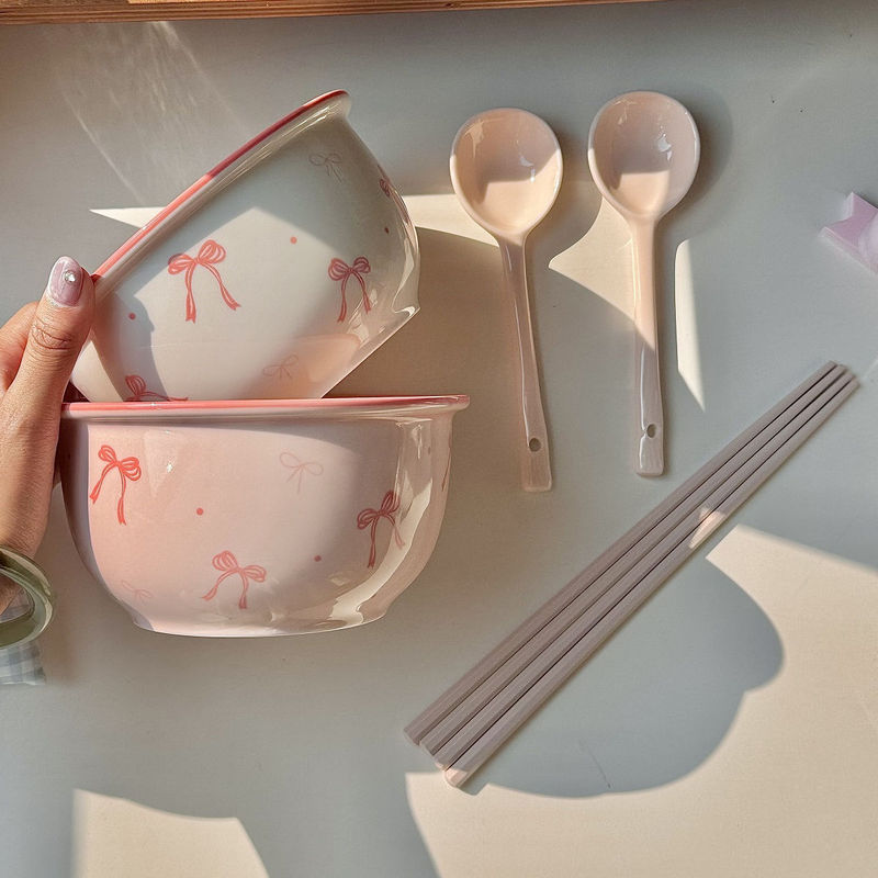 蝶結び【6インチ麺碗】どんぶりの少女の心の高い顔の値のカップラーメン碗ins釉薬の下の陶磁器碗|undefined