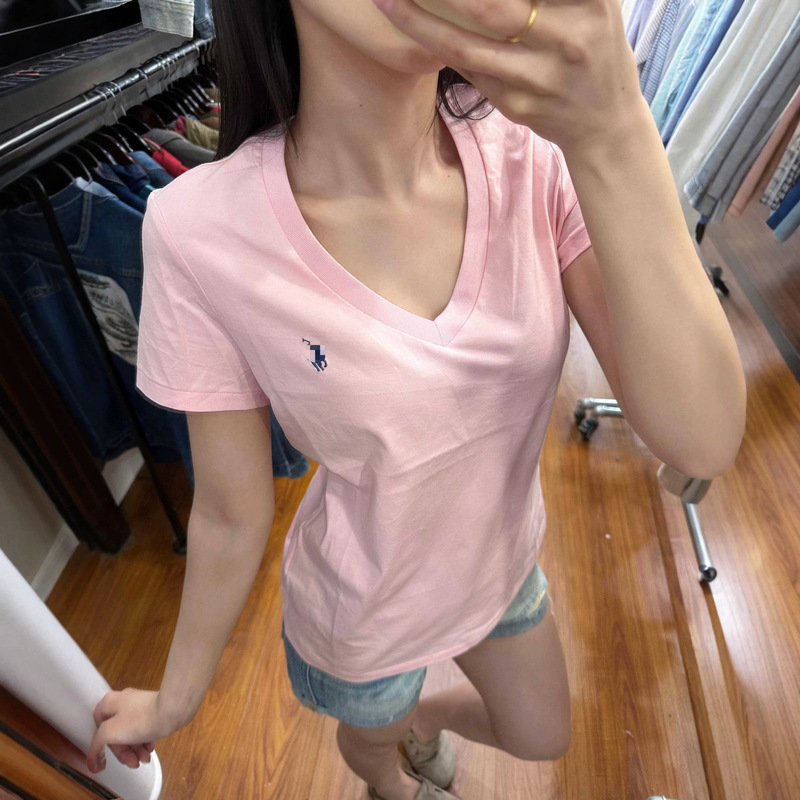 Summer Style Rl Ralph Lauren Logo Embroidered Slim-Fit Top, Pure Cotton V-Neck Solid Color Versatile Short-Sleeve T-Shirt for Women