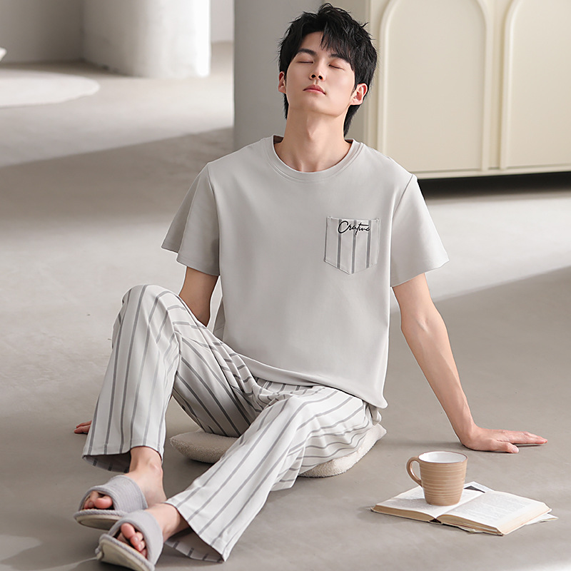 Pijamas de algodón masculino de primavera y otoño de manga larga de algodón de tamaño grande de otoño y invierno de ropa de casa para niños