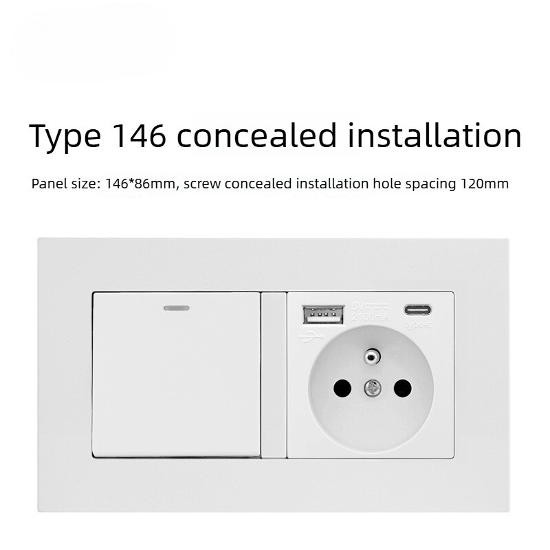 Cross-Border Foreign Trade Home Decoration Pc White French Standard Switch Socket Panel French Double Standard with Usb+Type C
