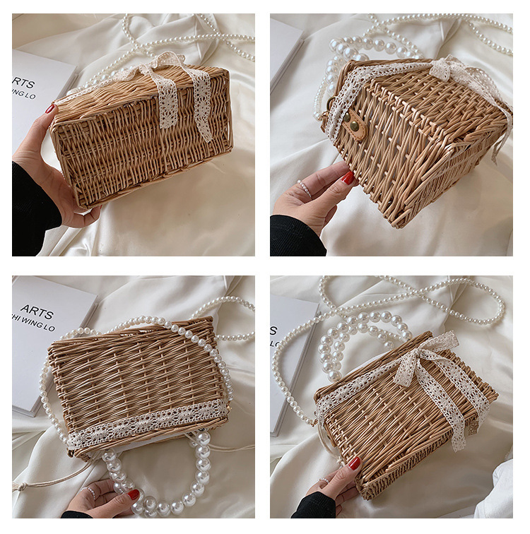 New Trendy Fashion Pearl Handbag Woven Vegetable Basket Bag Messenger Bag 22*14*11cm display picture 1