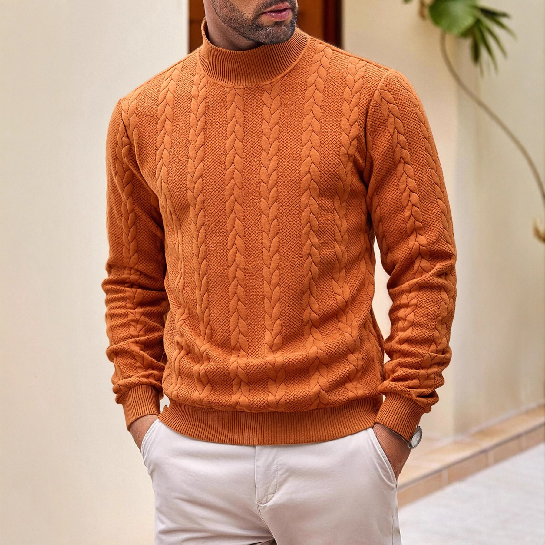 Transfronterizo europeo otoño invierno jersey jersey diario de color sólido joven hombre moda jacquard cuello alto jersey cálido hombre