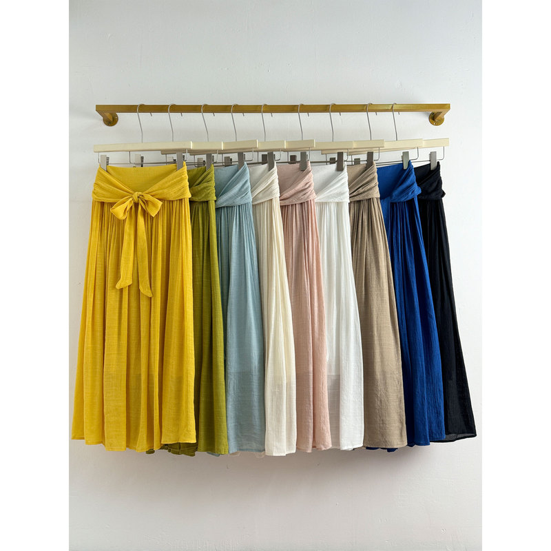 European and American Cross-Border Cotton and Linen Lace-Up Watercolor Multi-Color Large Hem Skirt Beach Style Versatile A-Line Mid-Length Skirt for Women