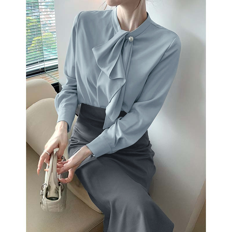 2026 Spring New Two-Piece Set for Women, Elegant and Stylish Office Wear, Long-Sleeved Shirt with Ribbon and Skirt Set