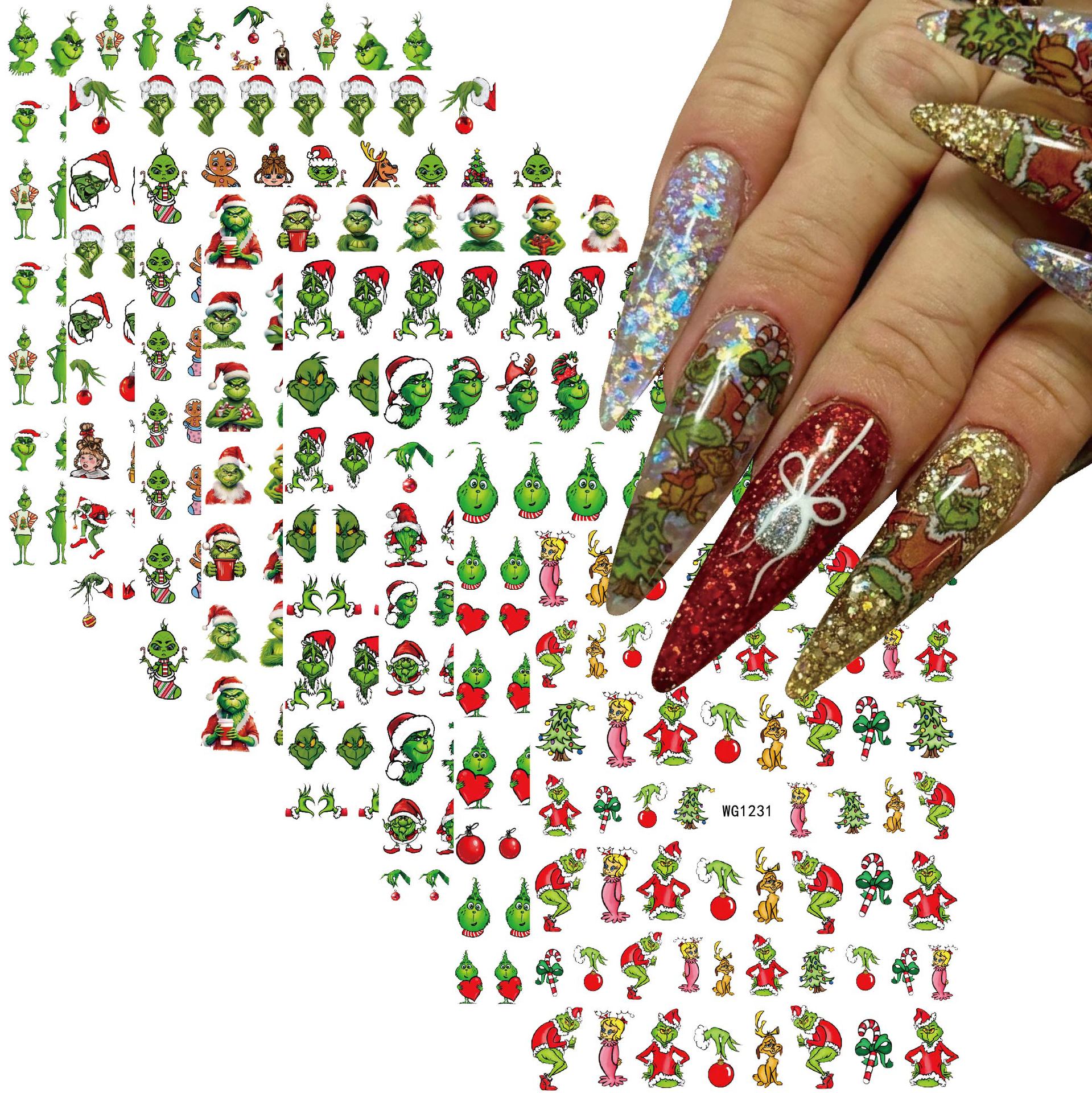 2025 Christmas Green Monster Grinch Nail Art Stickers Peelable Adhesive Christmas Nail Art Stickers