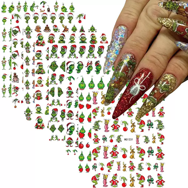 2025 Christmas Green Monster Grinch Nail Art Stickers Peelable Adhesive Christmas Nail Art Stickers