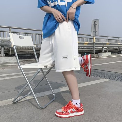 Summer Couple Style Striped Side Button Shorts for Men, Casual Hip-hop Loose Oversize Sports Five-Pocket Pants
