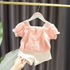 girl summer shirt Western style Fashionable Summer wear lattice Female baby shirt shorts princess Two piece set Short sleeved