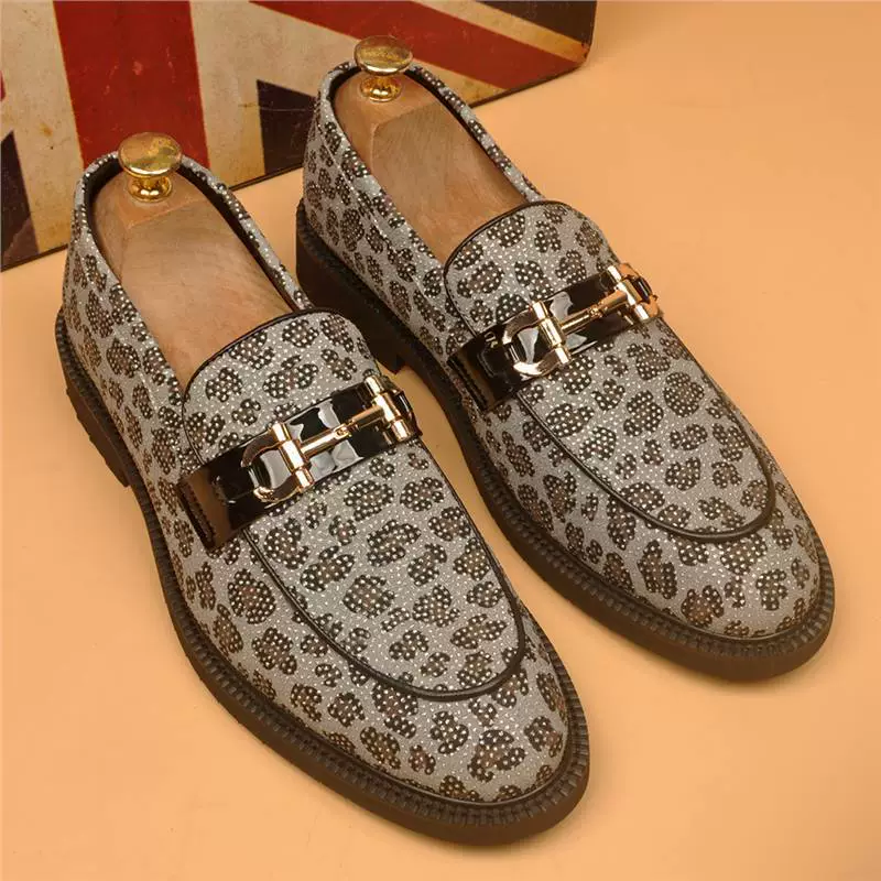 Мужские кожаные лоферы в европейском стиле с леопардовым принтом, слипоны, повседневная обувь, с внутренней вставкой из кожи, модные туфли.