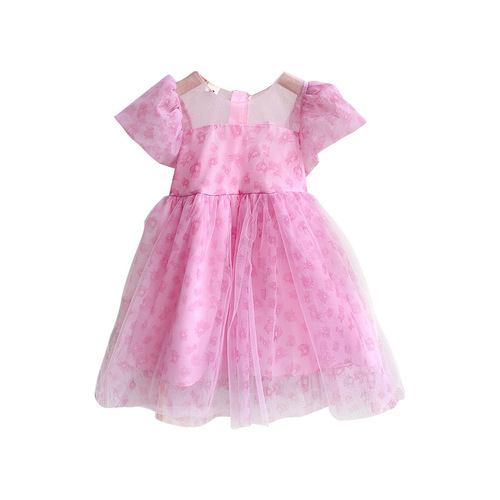 Girls' Summer Dress 2024 New Sweet and Trendy Net Princess Dress for Little Girls with Bubble Sleeves and Floral Print