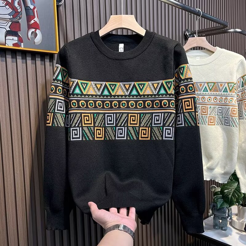 "Men's Jacquard Knit Sweater - European & American Style Thick Winter Pullover With Long Sleeves, Fashionable Textured Design_viptrois.com