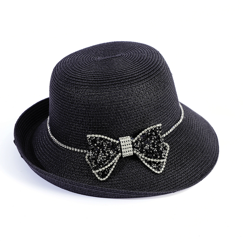 Verano nuevo sombrero para el sol estilo Hepburn arco negro viaje Negro moda playa sombrero de paja de ala grande
