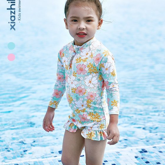 Korean Style Girls' Flower Swimsuit Children's One-piece Swimsuit Cute Baby Princess Long-sleeved Beach Surfsuit