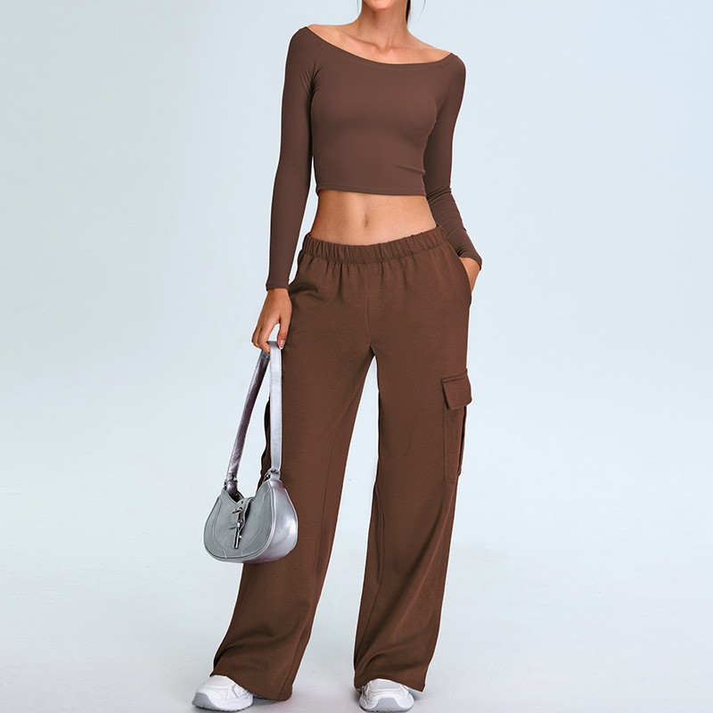 Otoño y invierno nuevo tipo de un hombro trajes de yoga trajes deportivos para mujeres herramientas de ocio sueltas pantalones rectos trajes de fitness