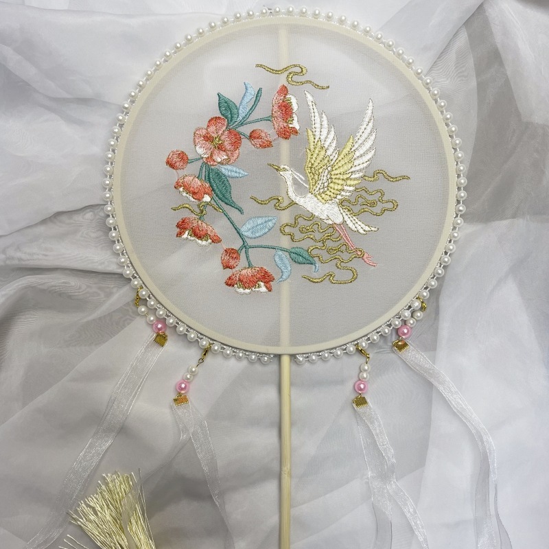 真珠手作り扇子、刺繍扇子、古風丸型扇子、民族風刺繍扇子、古典舞踊扇子|undefined