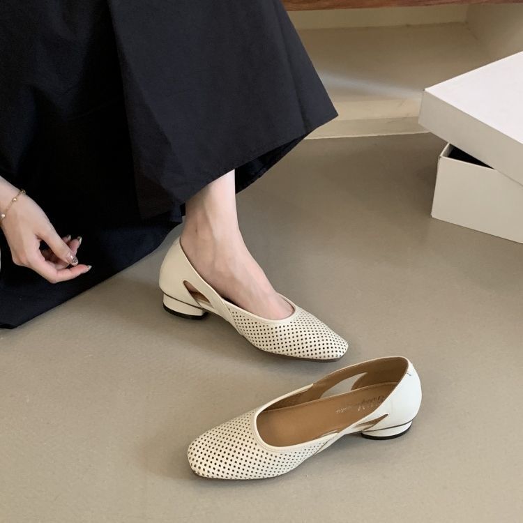 French-Style Chunky Heel Single Shoes for Women, Square-Toed Hollow-Out Clogs, Low-Heel Comfortable Flat Shallow Hollow Breathable Mary Jane Shoes