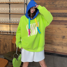 荧光绿色卫衣女胖mm潮拼接大码女装2025秋季新款抽绳宽松连帽上衣
